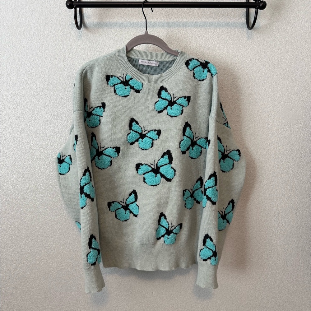 Miss Sparkling Mint & Turquoise Crew Neck Sweater with Butterfly Design